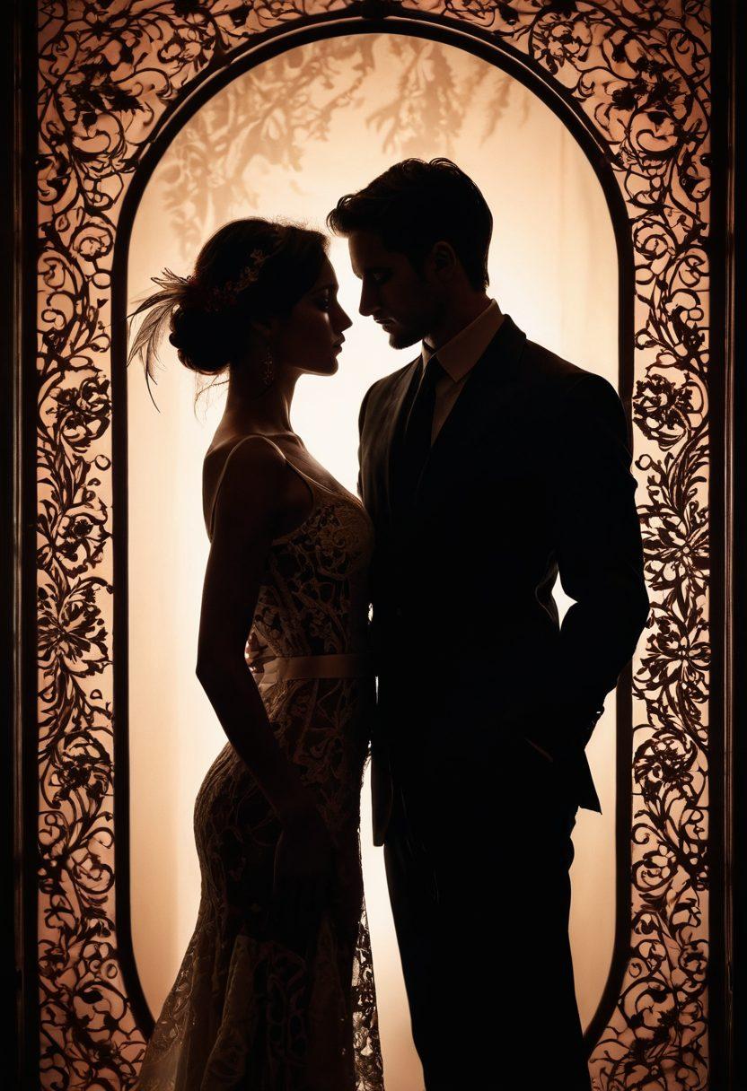 An intimate scene with two silhouettes closely intertwined, surrounded by soft, ambient lighting. Add intricate lace patterns in the background, symbolizing elegance and mystery, while hinting at adult themes. Include delicate props like a feather and a pair of handcuffs, positioned subtly to evoke curiosity. The color palette should consist of deep reds and blacks to enhance the allure. super-realistic. soft focus. elegant atmosphere.