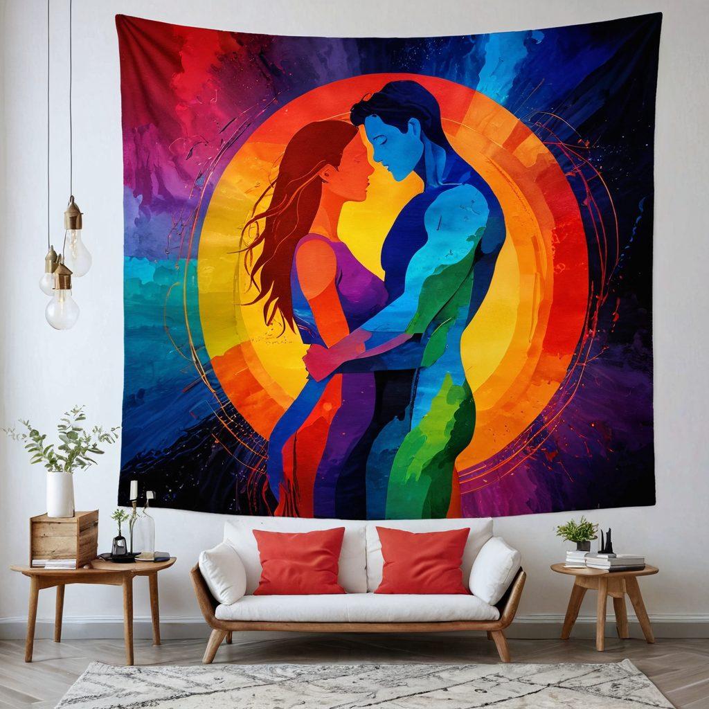 A breathtaking tapestry woven with vibrant threads representing desire and intimacy, featuring abstract patterns that symbolize passion. Intertwined silhouettes of diverse couples in affectionate poses create a sense of connection. Soft, warm lighting enhances the emotional depth of the scene, evoking a serene and inviting atmosphere. The background fades into a gradient of rich colors, representing the spectrum of human emotions. painting. vibrant colors. textured background.