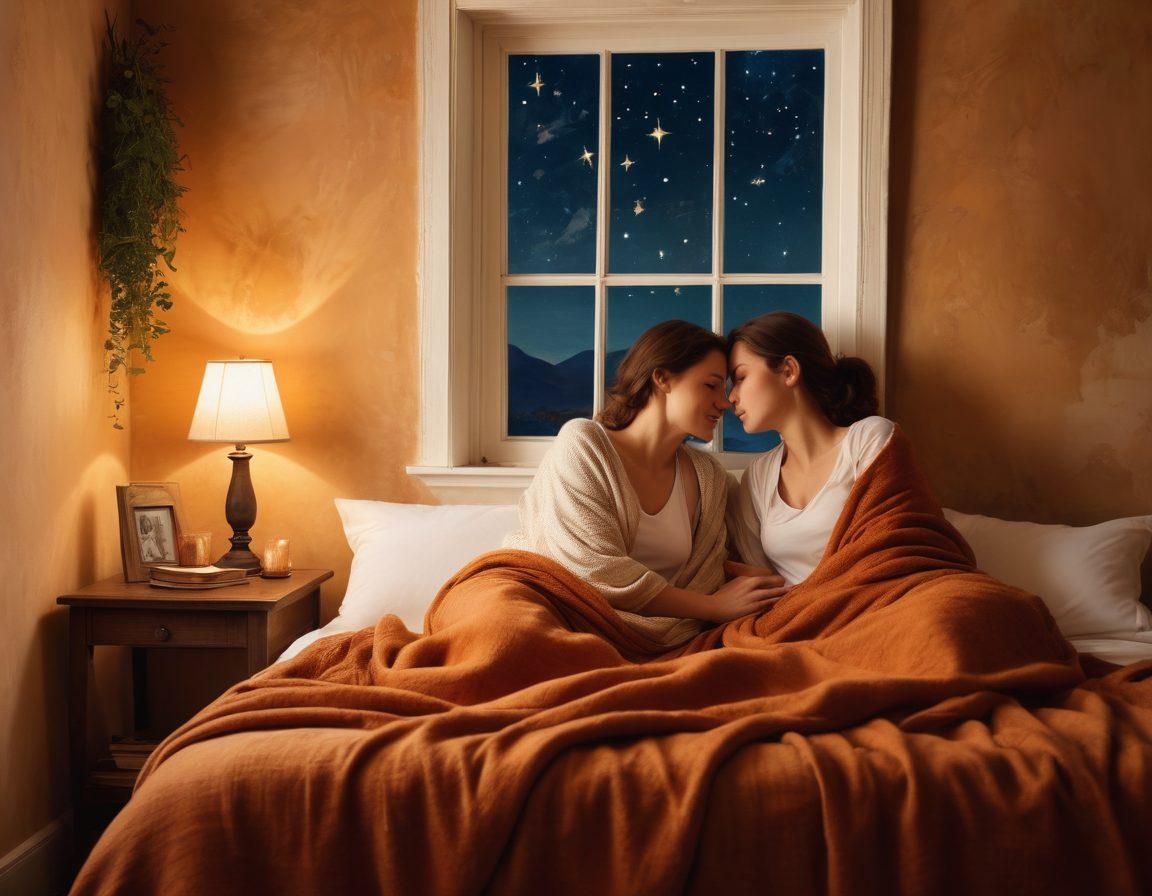A cozy, warmly lit room featuring two individuals deeply engaged in an intimate conversation, surrounded by soft textures like blankets and pillows. Subtle hints of passion, like intertwined hands and soft smiles, convey a sense of connection. A window reveals a starry night sky, symbolizing depth and wonder. The ambiance is both inviting and romantic, creating a sense of emotional closeness and desire. painterly style. warm colors. inviting atmosphere.